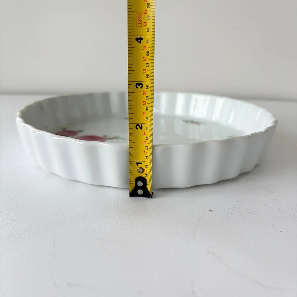 Christineholm Rose Porcelain Quiche Tart Dish White Pink Floral Fluted 9.5 inch
